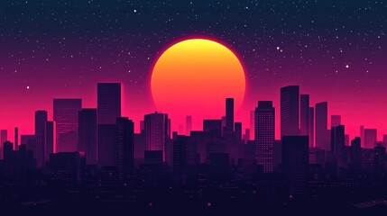 Fototapeta premium Retro futuristic city skyline at sunset with large yellow sun.