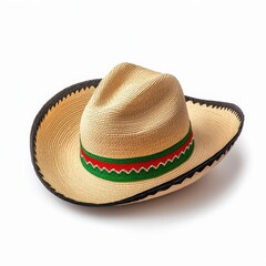 A stylish light beige straw cowboy hat with a black trim and a colorful green and red band sits on a white background.