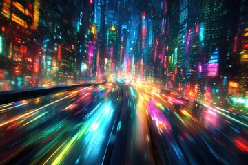 A vibrant, futuristic cityscape at night, viewed from a fast-moving vehicle, showcasing dazzling neon lights and dynamic energy.