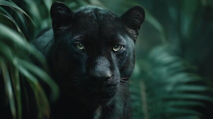 Sleek black panther in lush green foliage