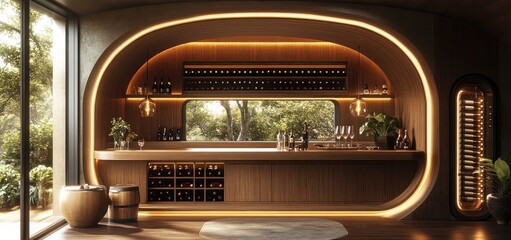 Obraz premium Modern Wine Bar Design: Luxurious Home Bar with Natural Light and Wooden Accents