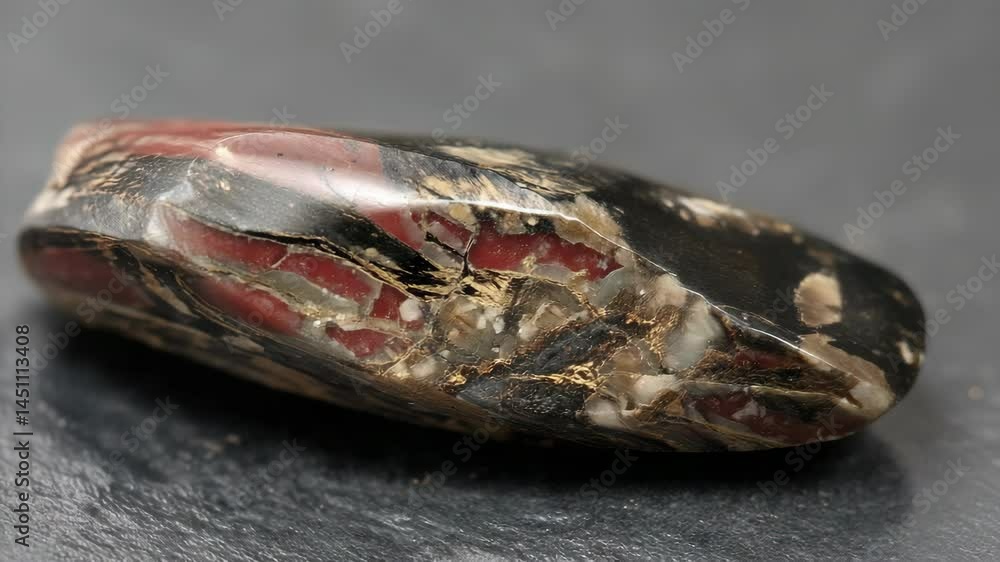 Poster polished brecciated jasper close-up showing red fragments cemented by light matrix creating intricat