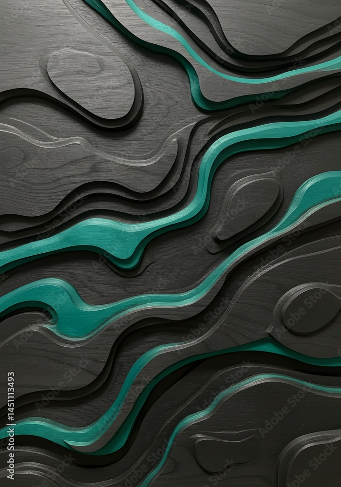 Aufkleber abstract wooden topographic map showcasing intricate layers and flowing teal lines, an artistic expl