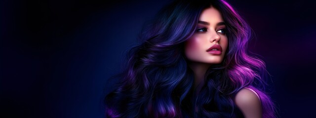 Naklejka premium Woman with vibrant purple and blue hair illuminated by neon lights. Creative hair coloring concept for beauty industry. Dramatic portrait in dark setting with vivid colors.