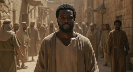 Man Walking Among Crowd in Ancient Middle Eastern Street Scene