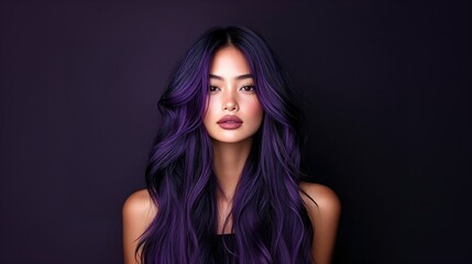 Asian woman with vibrant purple hair and natural makeup on dark background. Beauty portrait showcasing trendy hair color. Hairstyle and dye concept for salon advertisement.