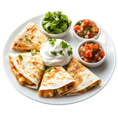 A Festive Fiesta Plate of Quesadillas With Salsa and Sour Cream. On a White or Clear Surface [Transparent Background PNG]. 