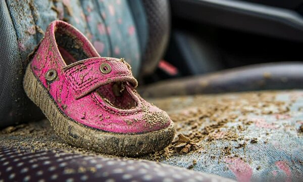 A dusty pink shoe rests on a messy car seat, evoking childhood memories.