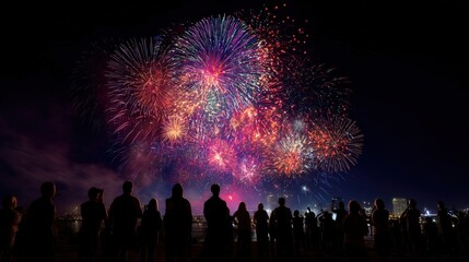 Silhouetted crowd watching vibrant fireworks display.