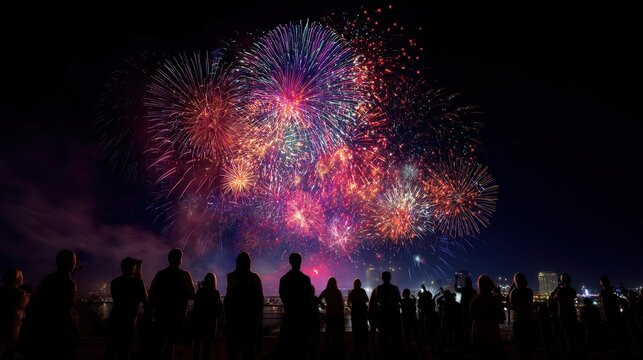 Silhouetted crowd watching vibrant fireworks display.