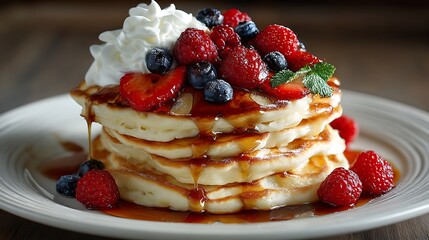 Stacked pancakes, whipped cream, and fresh berries