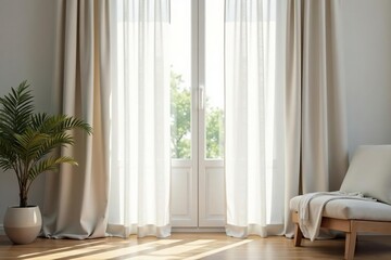 Simple linen curtains, soft white, natural light , visual, product photography