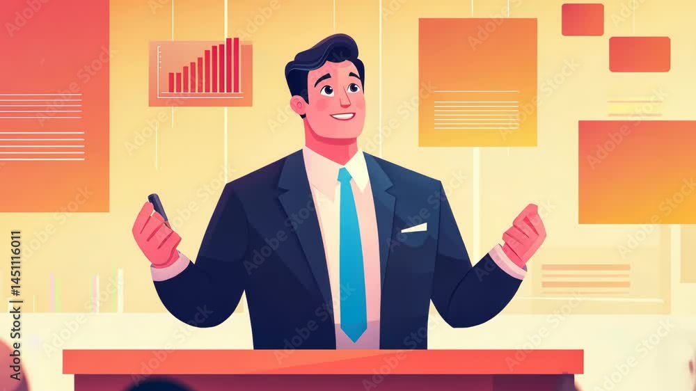 Poster businessman presenting in a professional setting with charts displayed.
