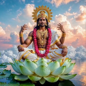 Realistic Hindu God with Four Arms Sitting Cross-Legged on Pink Lotus Flower