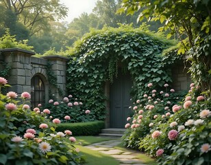 Obraz premium Mystical garden entrance with stone wall, vine covered archway and pink daisy flower border pathway.