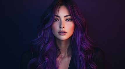 Fototapeta premium Woman with vibrant purple hair in dramatic lighting. Creative hair coloring concept for beauty industry. Futuristic and edgy portrait showcasing bold hair trend and makeup artistry.