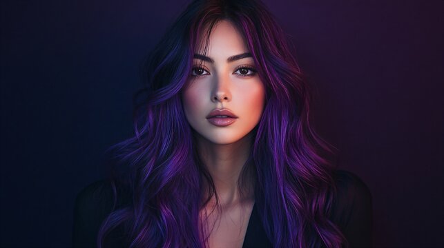 Woman with vibrant purple hair in dramatic lighting. Creative hair coloring concept for beauty industry. Futuristic and edgy portrait showcasing bold hair trend and makeup artistry.