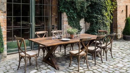Rustic outdoor dining setting with wooden table and chairs on cobblestone patio near brick building and green foliage.