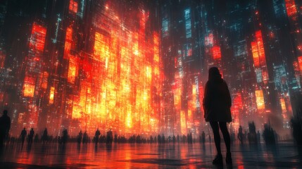 Woman stares at luminous futuristic city skyline with crowds of people below, red orange glow, dark silhouettes on a transparent background, PNG image, PNG file.