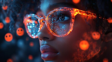 African American woman with orange-rimmed glasses, wearing futuristic eyewear, looking off to the side, illuminated smileys in background on a transparent background, PNG image, PNG file.