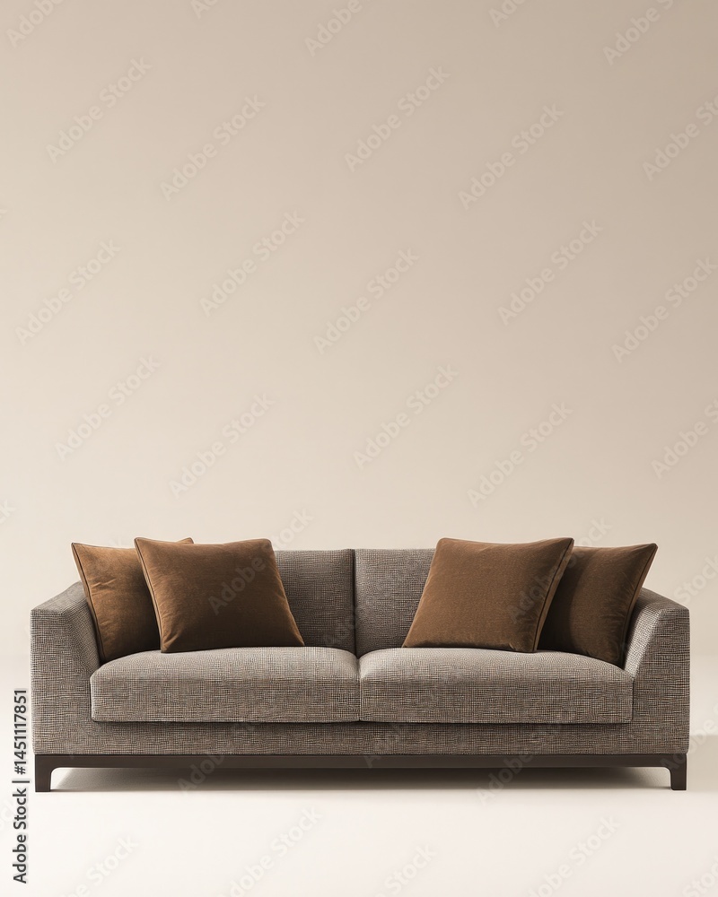 Poster comfortable patterned sofa with brown cushions against a neutral background creating a sense of sere