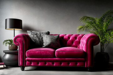 Fuchsia velvet tufted sofa against empty gray textured wall, mock up for artwork 