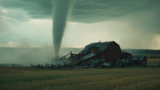 Tornado tearing apart farm buildings