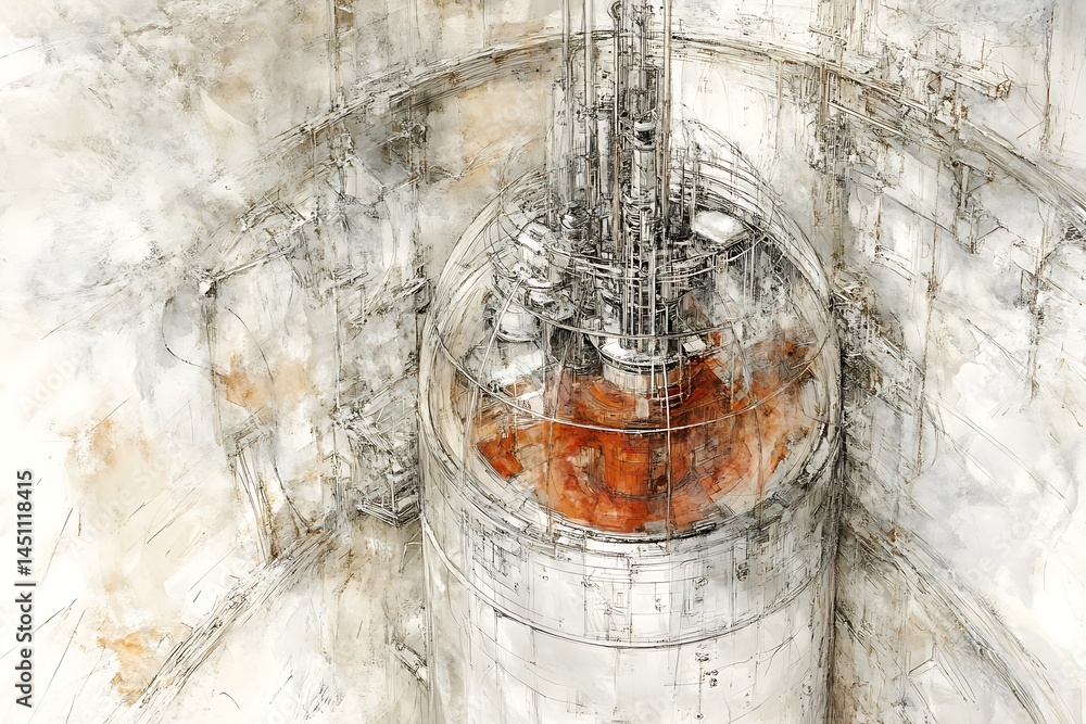 Poster abstract industrial architecture illustration in watercolor style with dominant white and red tones 
