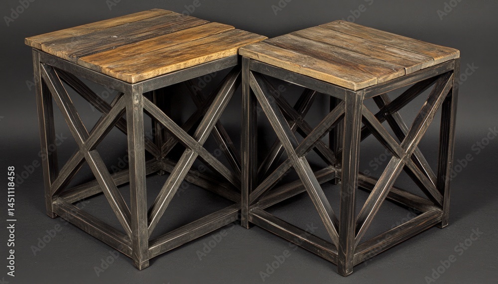 Poster two geometric cube-shaped stools with textured surfaces and x-shaped support structures against a da