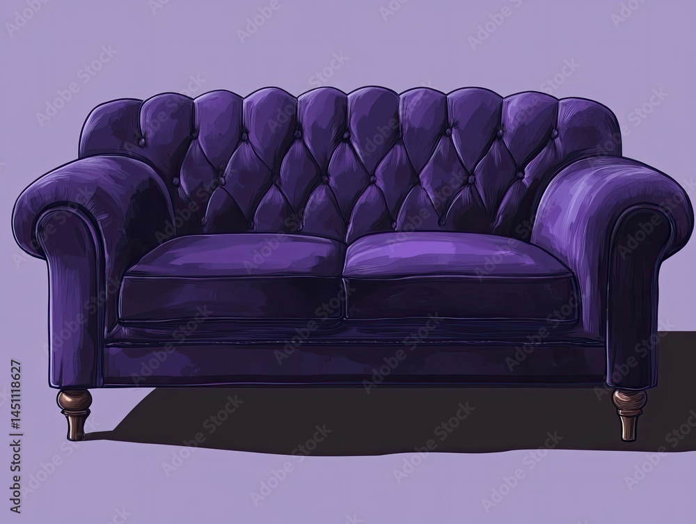 Poster purple tufted sofa with wooden legs casting a shadow against a matching background. the pixelated st