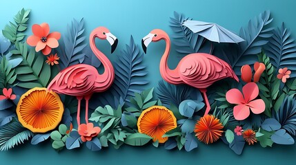 Artistic Flamingos Paper Cut Illustration Tropical Leaves Flowers Decorative Backdrop High Resolution Photo