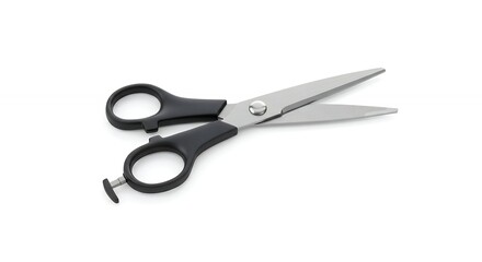 Fototapeta premium Black plastic handled scissors on white background