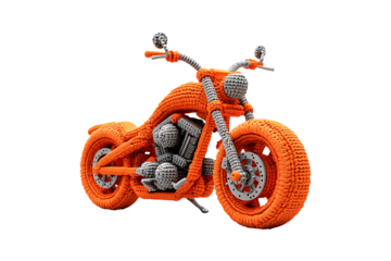 Crocheted Orange Motorcycle Roaring isolated on transparent background
