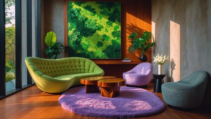 Generative AI, Biophilic loft living room with green velvet sofa and lush natural light