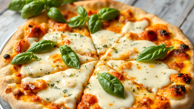 A sumptuous sering of a freshy made pizza loaded with white creamy garlic sauce and cheese garnished with fresh basil leave