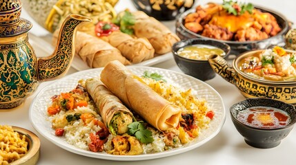 Delicious Indian Cuisine Rice Wraps with Assorted Dishes