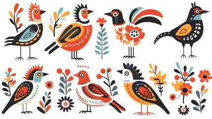 Ethnic Folk Birds: Stunning Decorative Bird with Flower Wing in Intricate Design