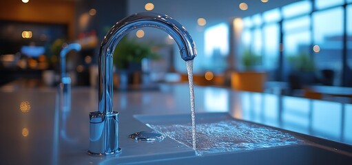 Modern Chrome Faucet with Running Water in a Sleek Office Setting
