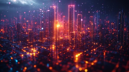 Fototapeta premium Abstract cityscape with skyscrapers illuminated with orange lights and glowing bokeh effect, aerial perspective, dark mood on a transparent background, PNG image, PNG file.