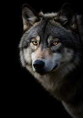 Intense gaze of a gray wolf, captivating portrait on a black background revealing the raw essence and untamed spirit of the apex predator in the wild