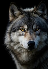 Majestic Portrait of a Gray Wolf: Intense Gaze and Untamed Beauty Captured Against a Dark Backdrop, Revealing Wildness and Grace