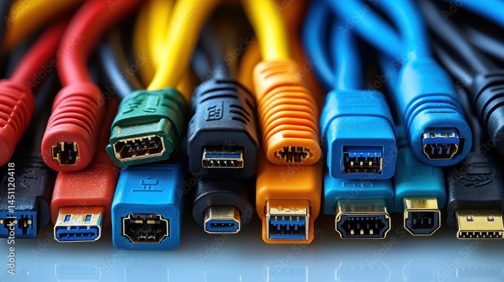 Poster a colorful array of usb cables and connectors: a close-up view of various data transfer interfaces