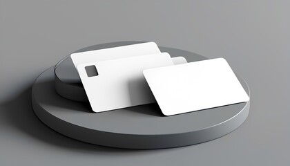 Blank business cards on grey display minimalist setup studio environment close-up view branding concept