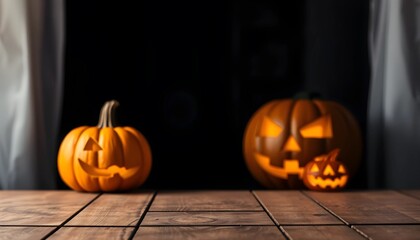 Obraz premium Empty wooden table and blurred creepy pumpkin as Halloween background. Halloween night. Pumpkin face. Mockup. Copy Space