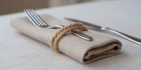 A fork and knife are placed on a folded napkin secured with a rope, lying on a table. Elegant dining setup, minimalistic theme