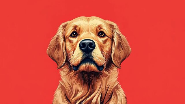Golden retriever illustration on a vibrant red background.
