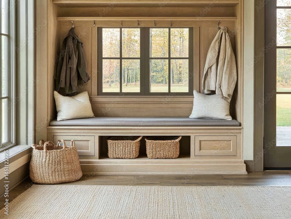 Poster rustic entryway bench with window and autumn view. neutral colors with textured pillows and baskets 