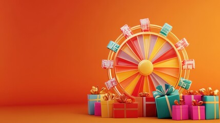Colorful prize wheel with gifts.