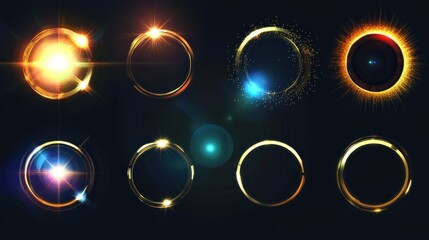 Naklejka premium Collection of golden, glowing, and sparkling light circles and lens flares on a dark background.