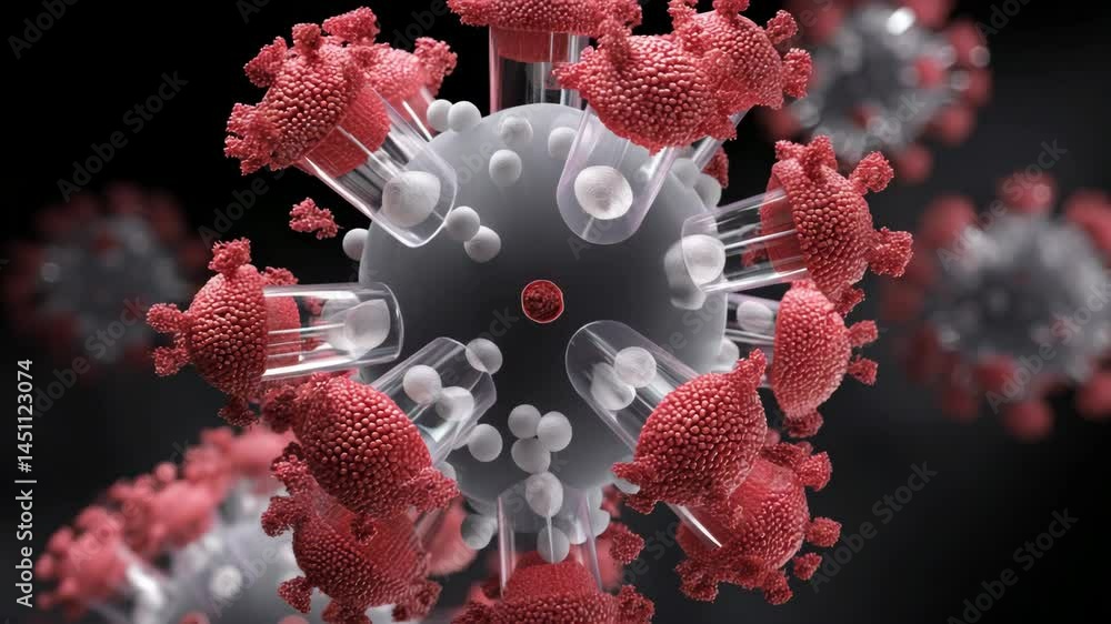 Poster realistic 3d render of virus with red spikes, sphere, and transparent tubes representing contagious 